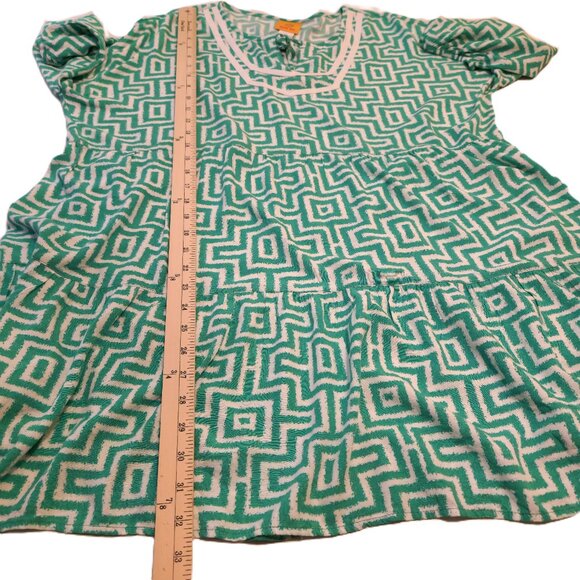 Ruby Rd. dress Women's XL Green white trellis print Split neck 3/4 puff sleeves - Picture 9 of 16